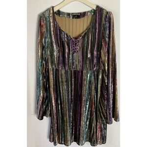 The Pyramid Collection Metallic Stripe Bell Sleeve Lace Up Tunic Dress Womens M